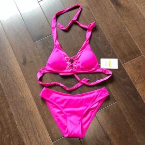 Becca bathing suite triangle top bikini, hot pink size small
New with tags